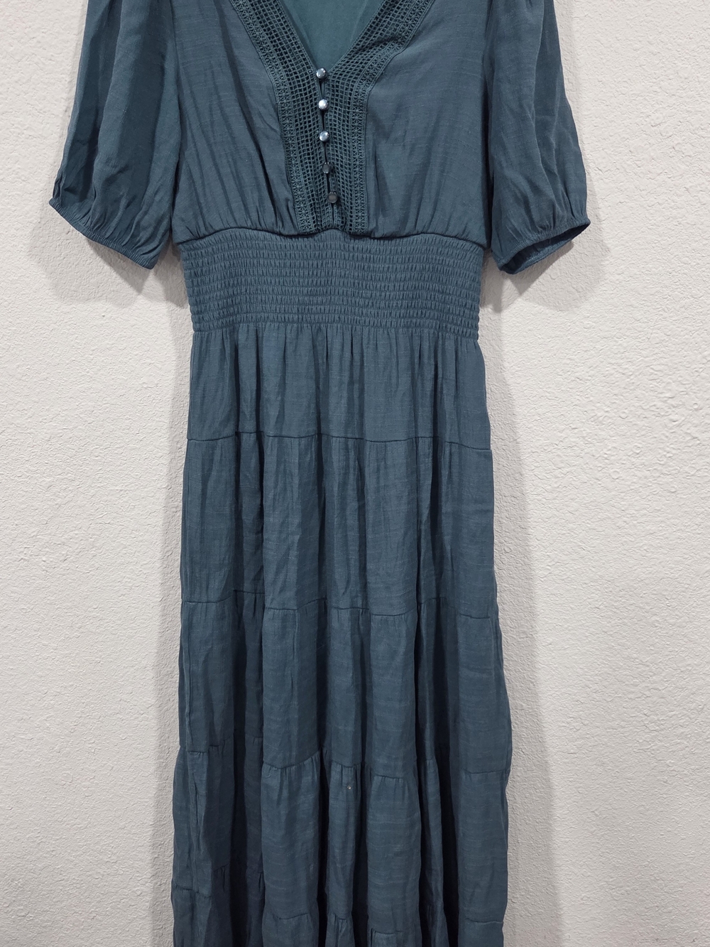 Smocked Waist Teal Maxi Dress with Button-Front Bodice